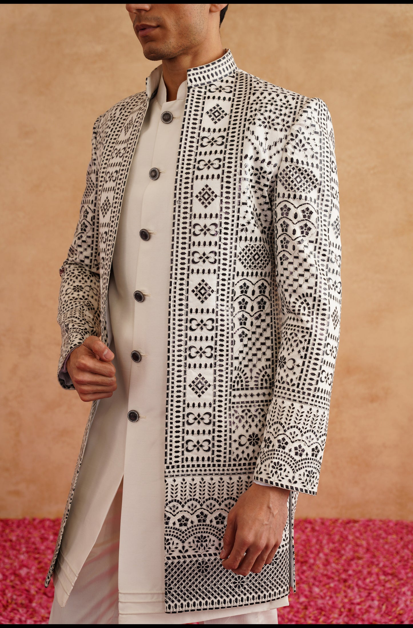 White and Black Indowestern With Thread Embroidery On Silk