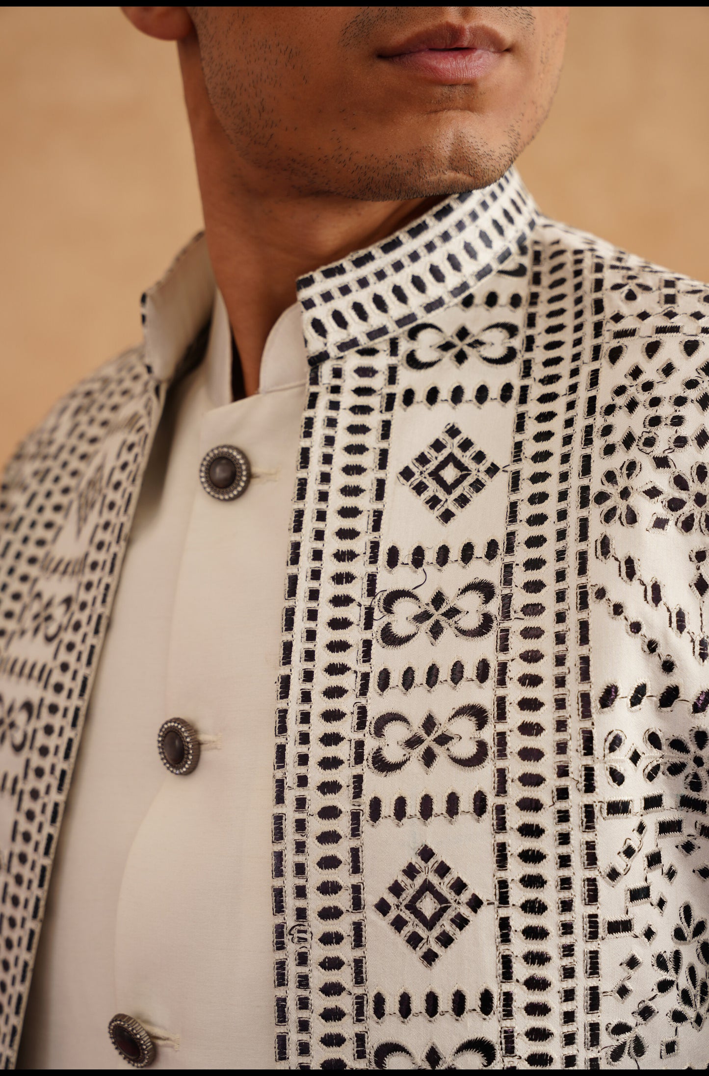 White and Black Indowestern With Thread Embroidery On Silk