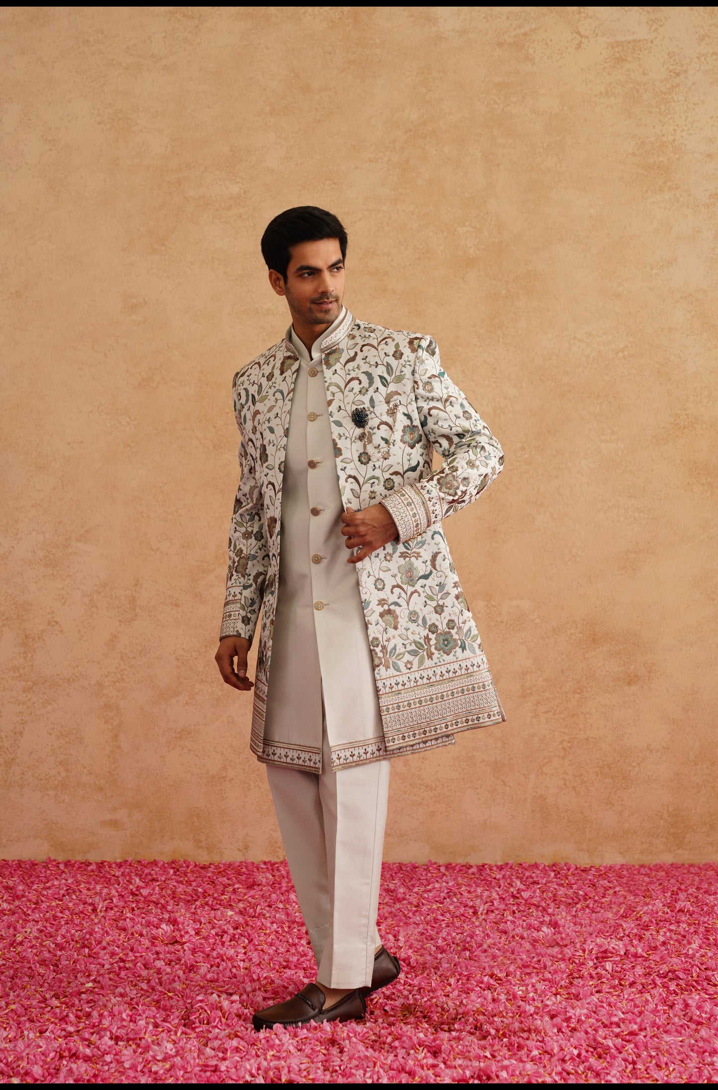 Ivory Indowestern With Multi Color Thread And Sequins Embroidery On Silk