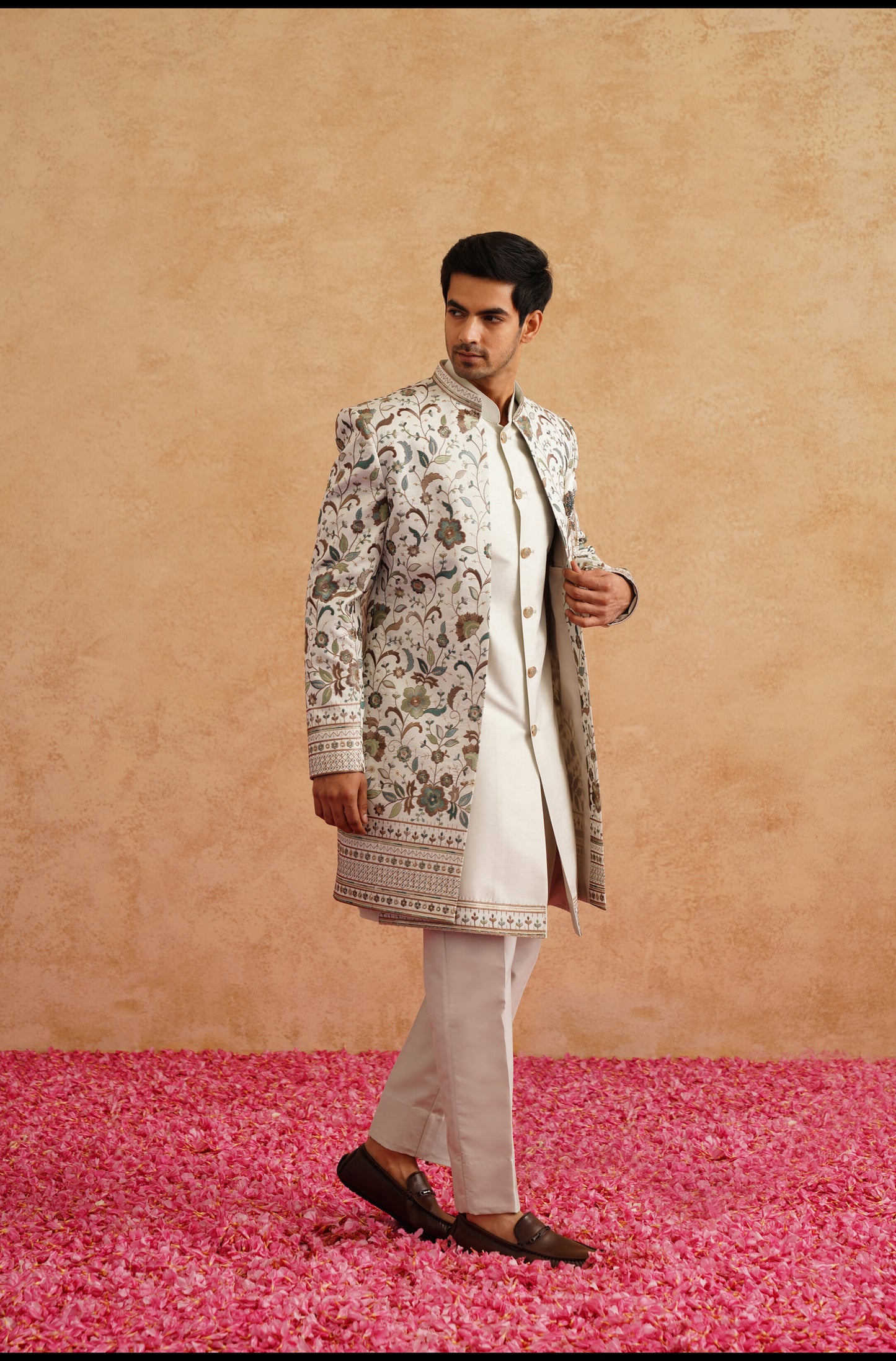 Ivory Indowestern With Multi Color Thread And Sequins Embroidery On Silk