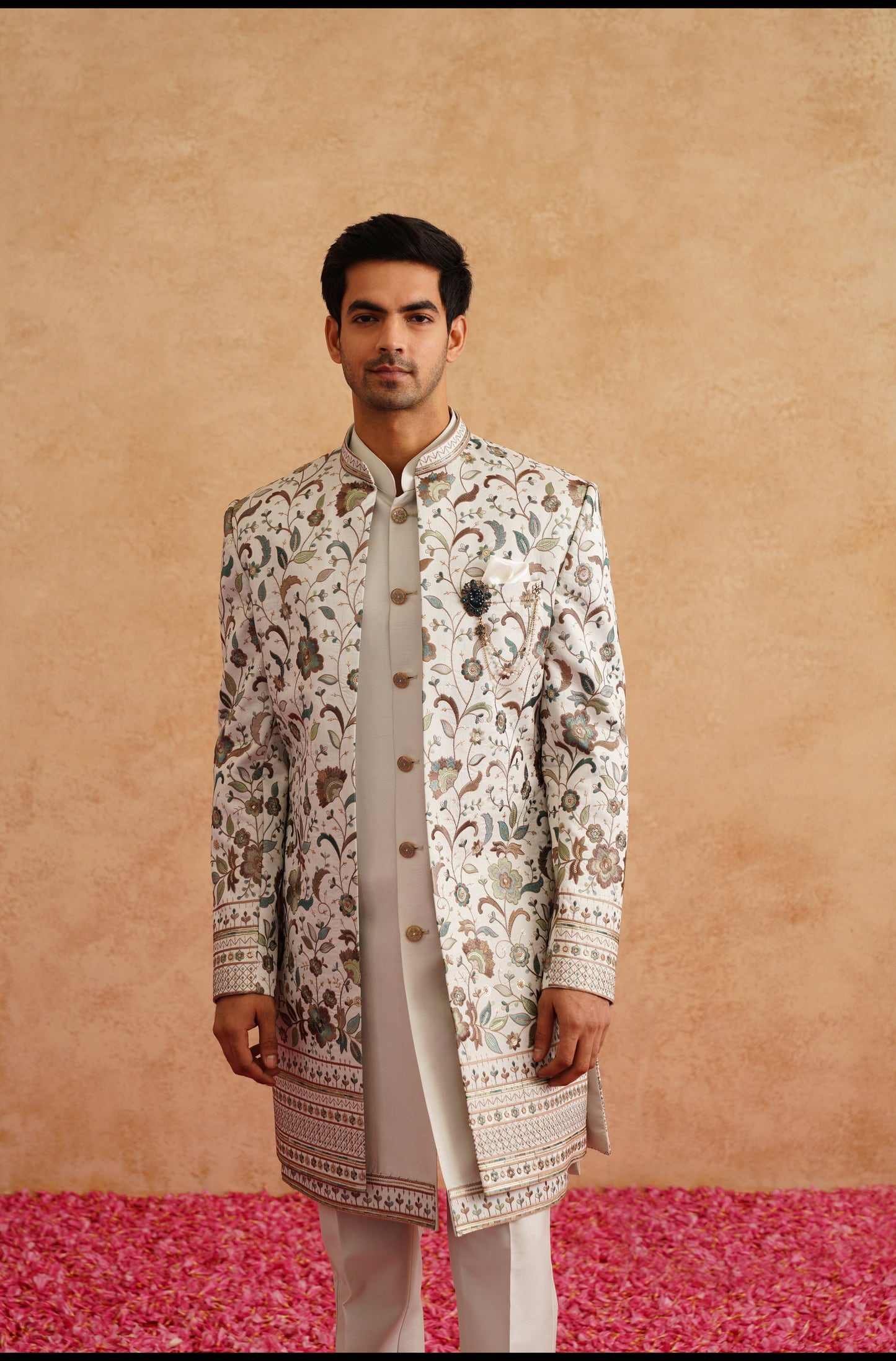Ivory Indowestern With Multi Color Thread And Sequins Embroidery On Silk
