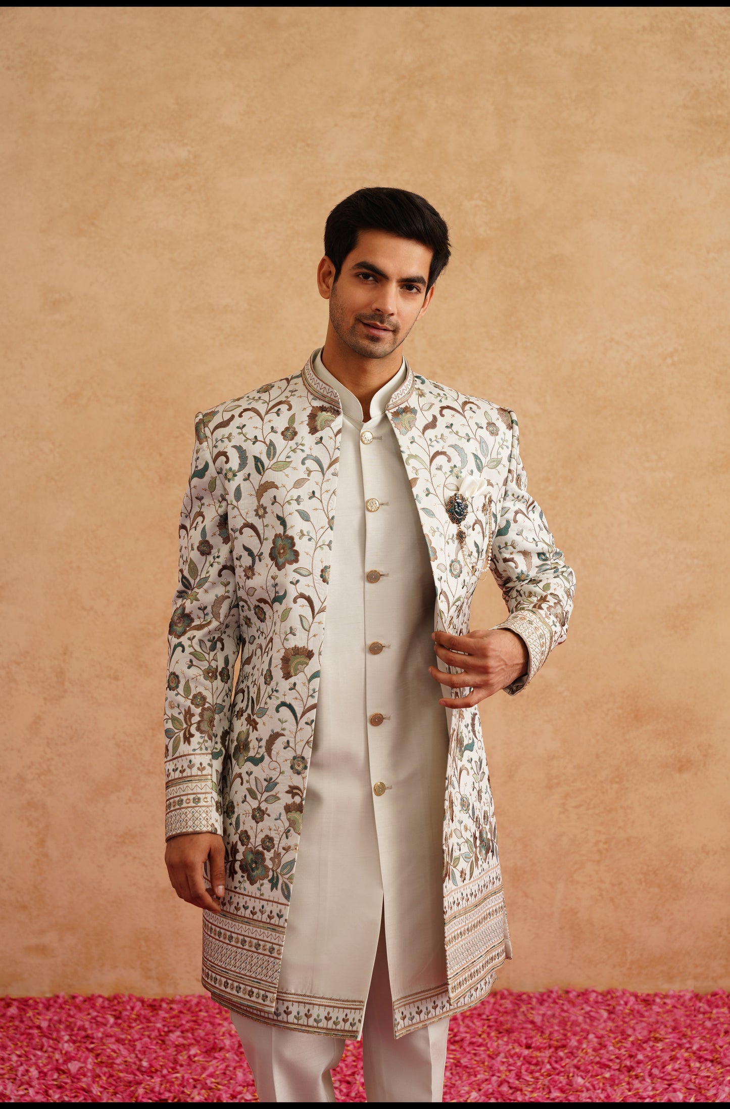 Ivory Indowestern With Multi Color Thread And Sequins Embroidery On Silk