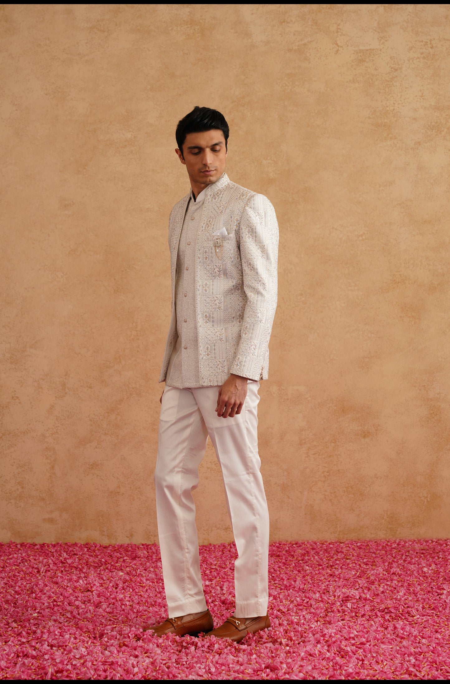 White Thread And Sequins Embroidered Short Indowestern On Silk