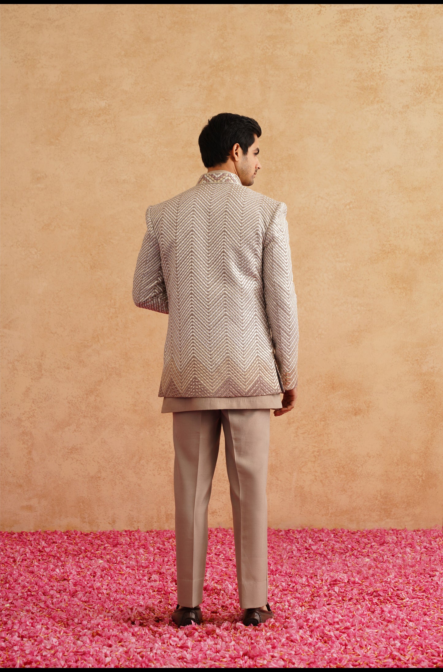 Champagne Indowestern Embroidered With Thread And Faux Mirror On Silk