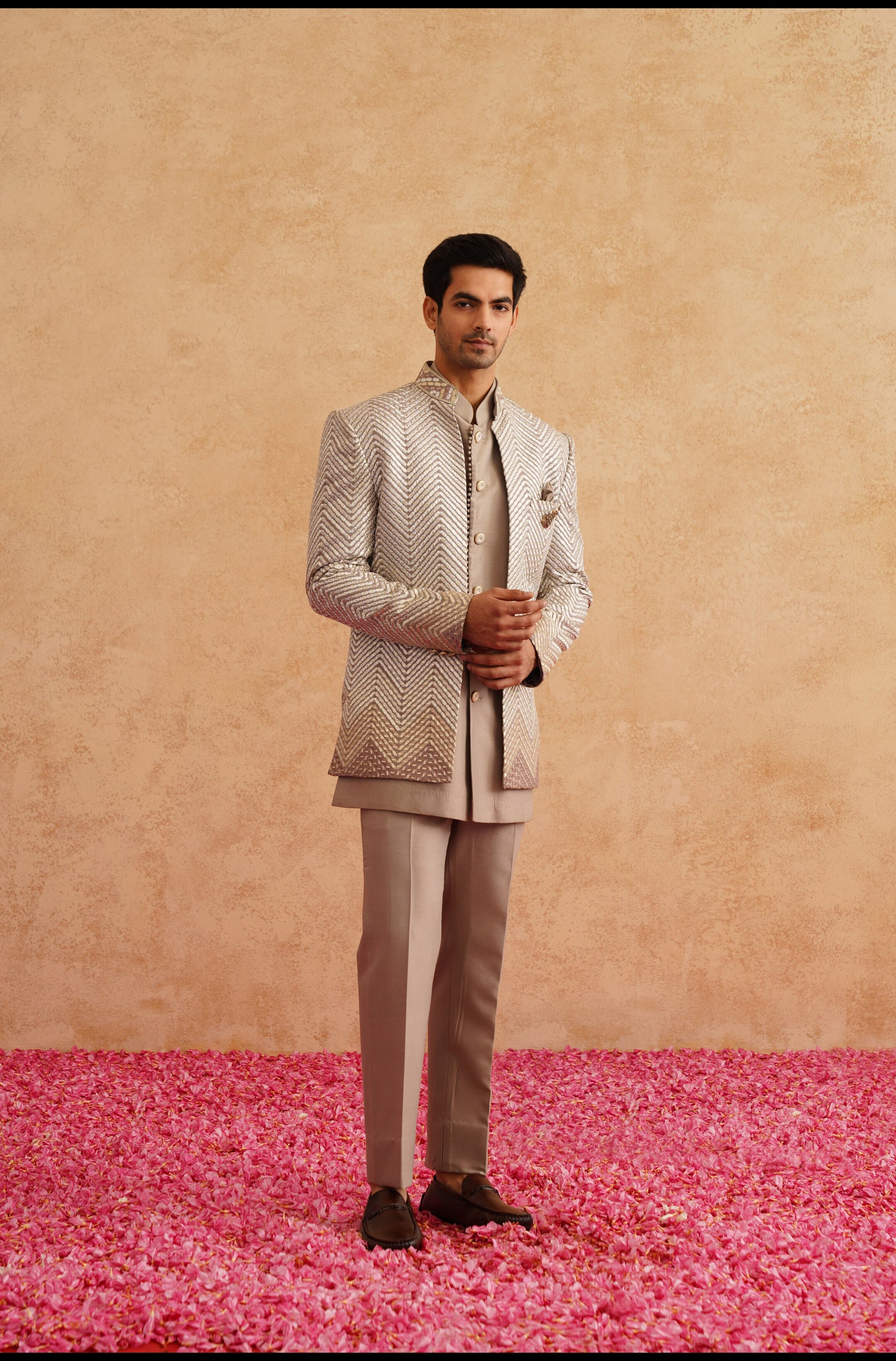 Champagne Indowestern Embroidered With Thread And Faux Mirror On Silk