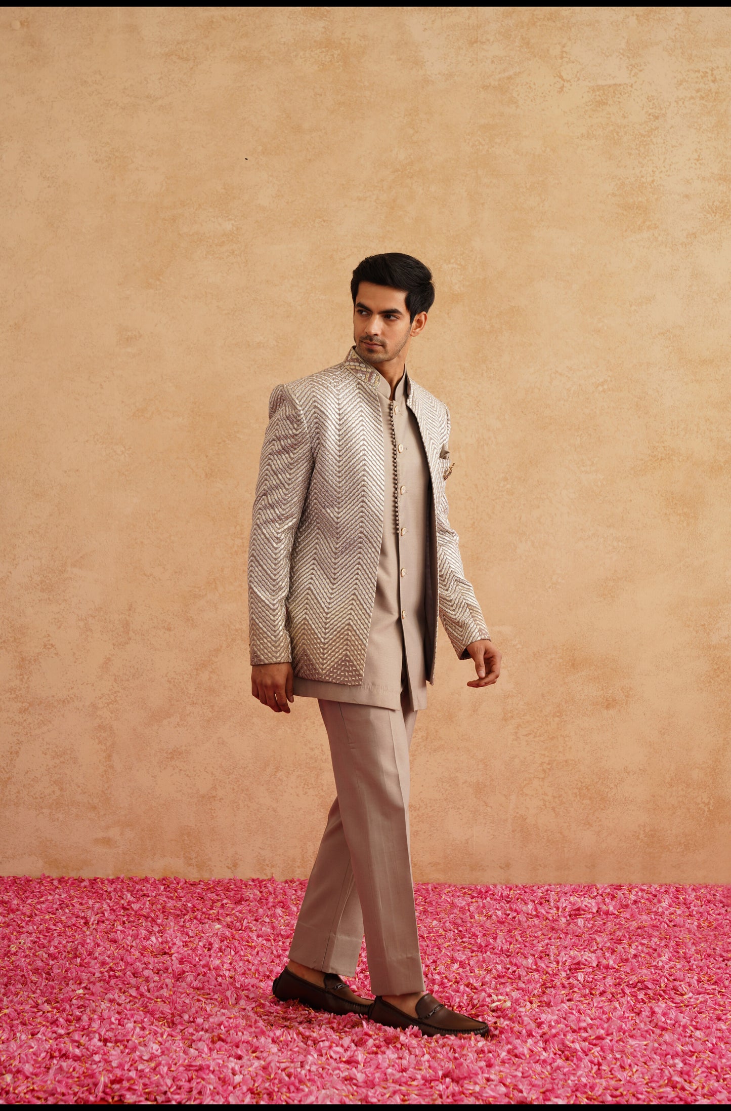Champagne Indowestern Embroidered With Thread And Faux Mirror On Silk
