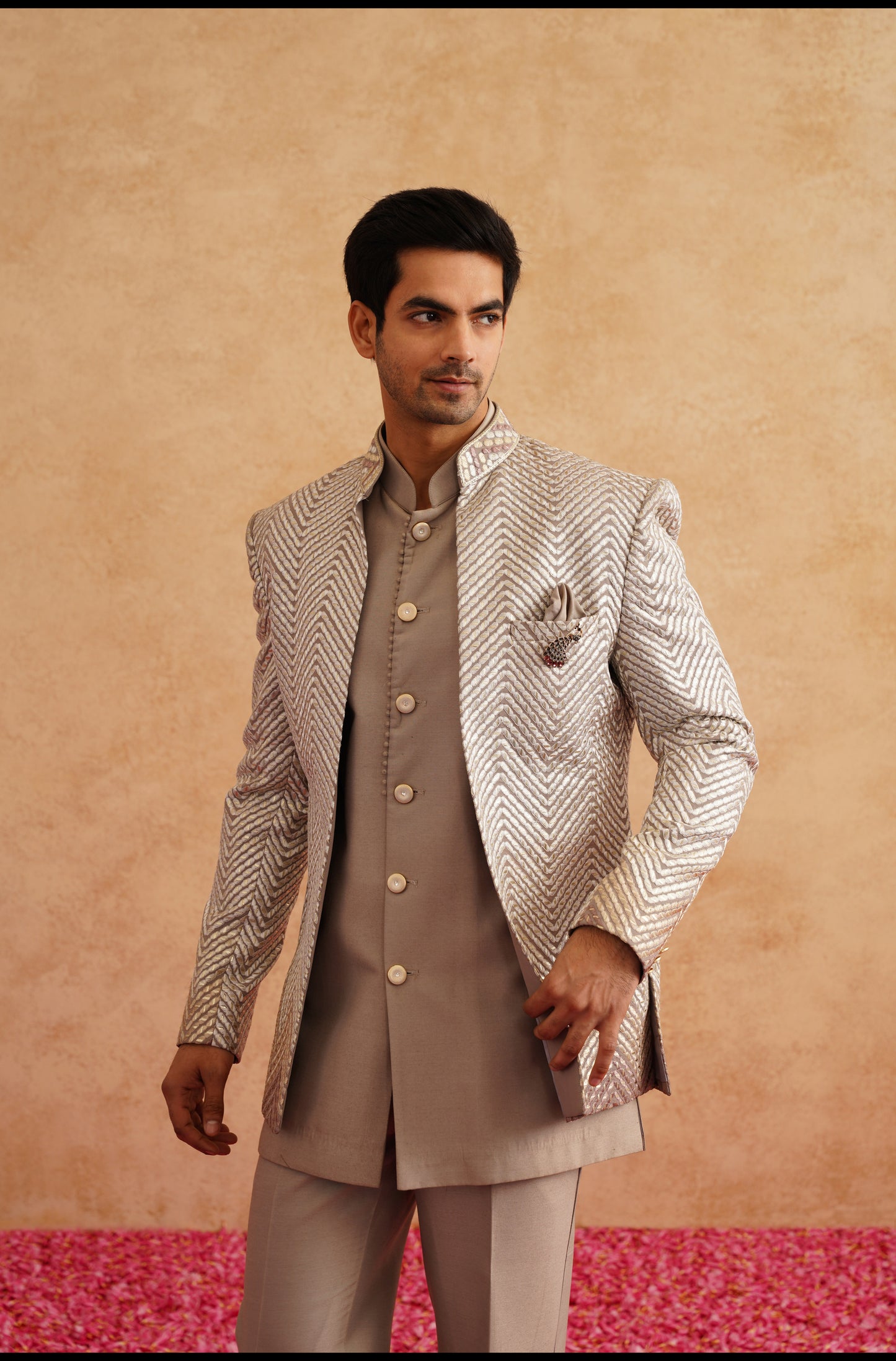 Champagne Indowestern Embroidered With Thread And Faux Mirror On Silk