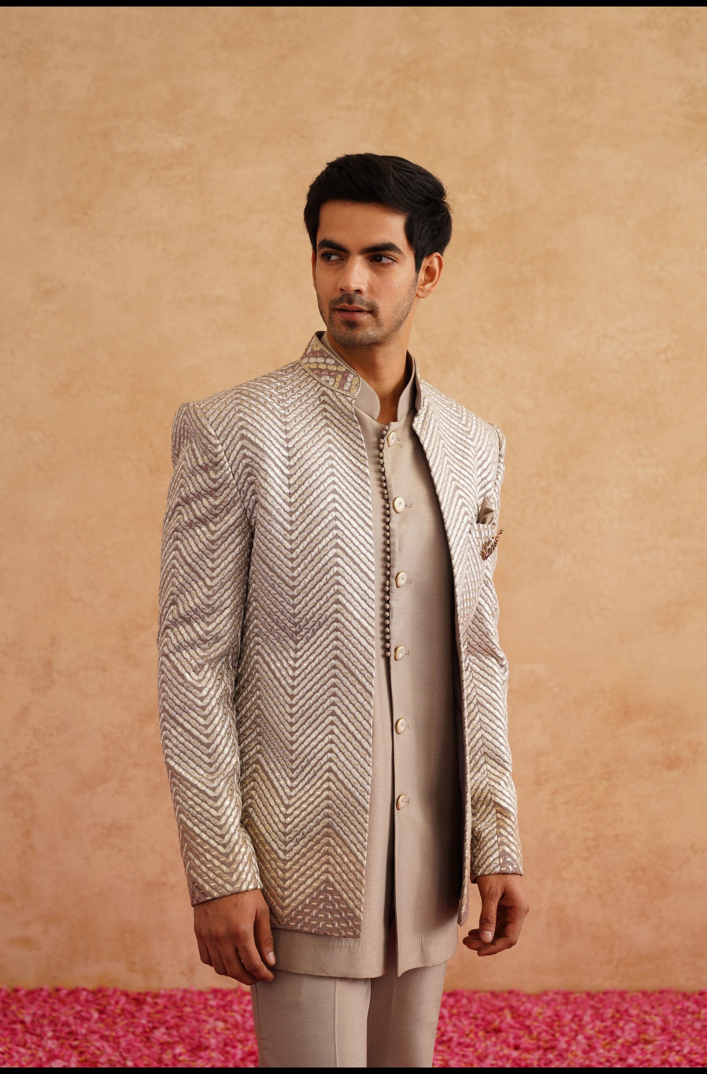 Champagne Indowestern Embroidered With Thread And Faux Mirror On Silk
