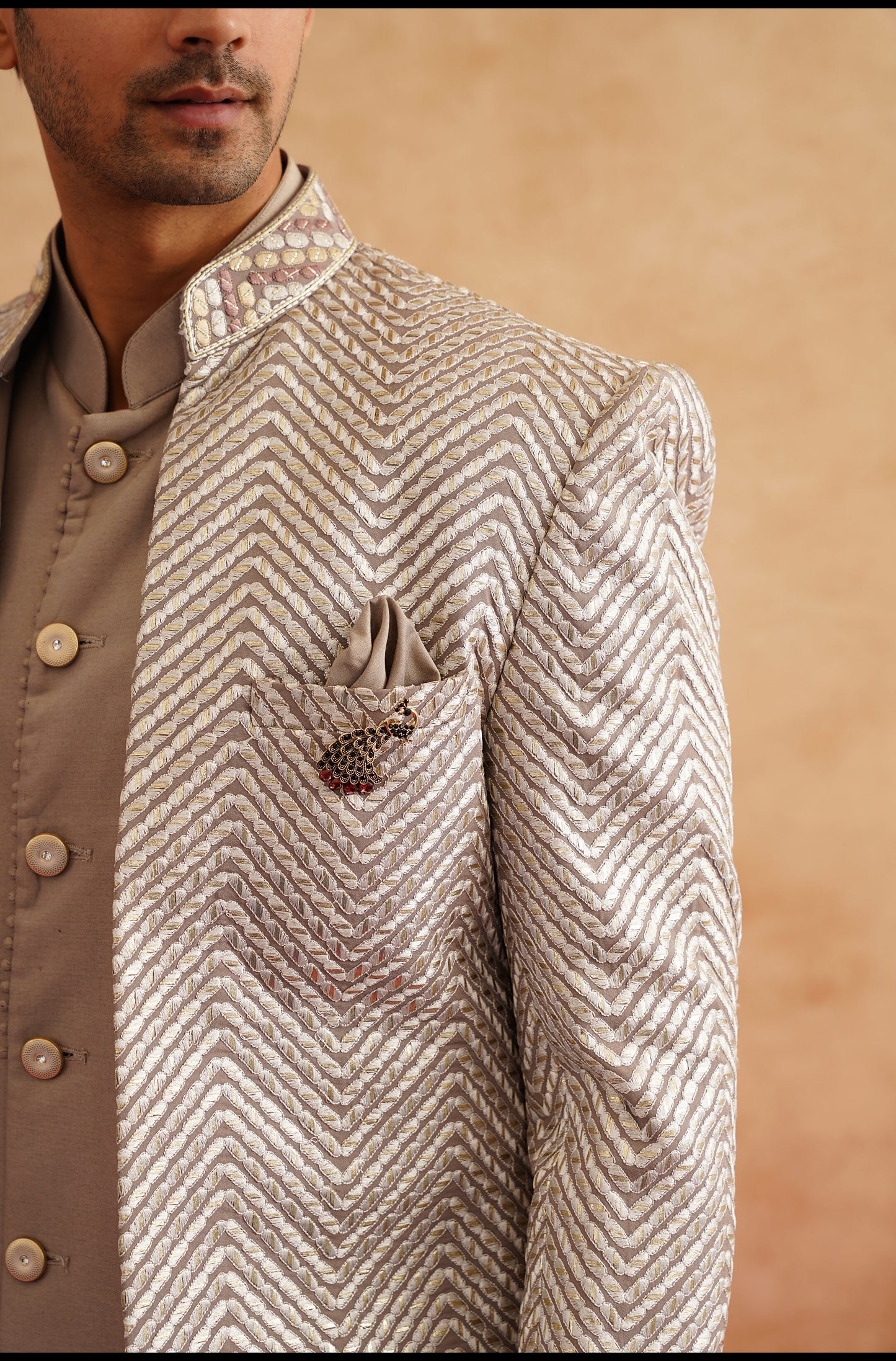 Champagne Indowestern Embroidered With Thread And Faux Mirror On Silk