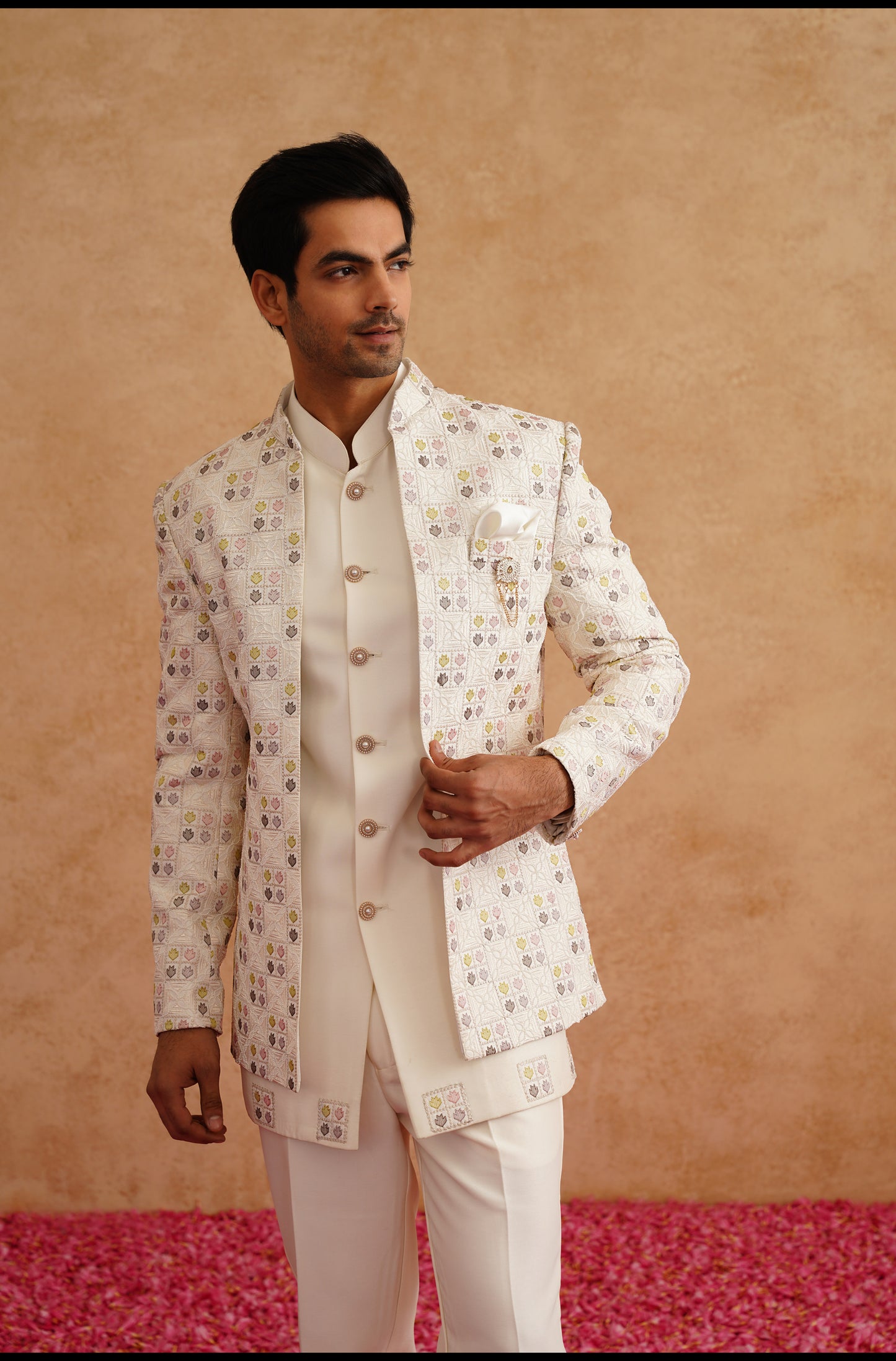 White Indowestern Embroidered With Thread And Pearl Embroidery On Silk