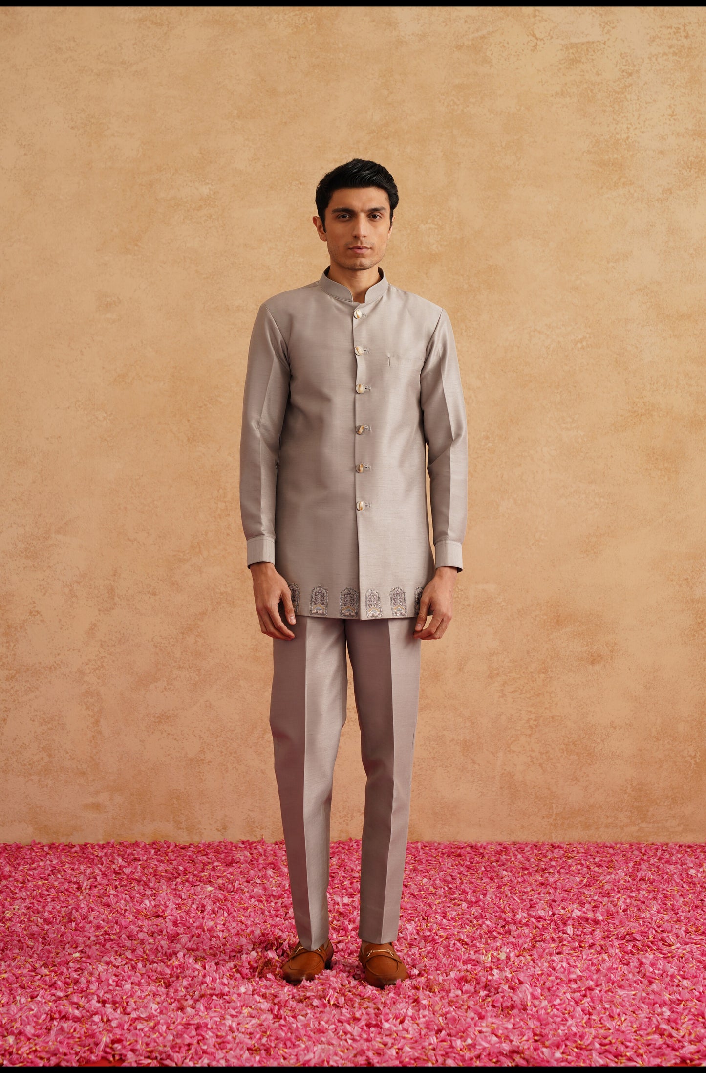 Grey Thread And Sequins Embroidered Short Indowestern On Silk