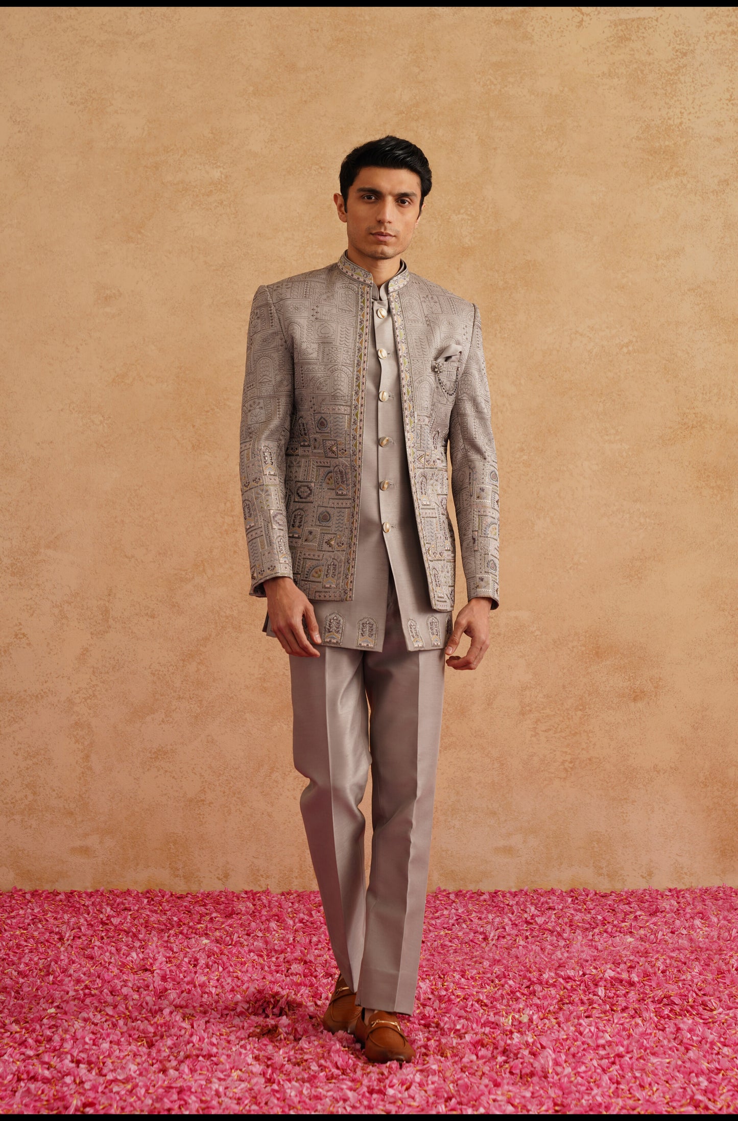 Grey Thread And Sequins Embroidered Short Indowestern On Silk