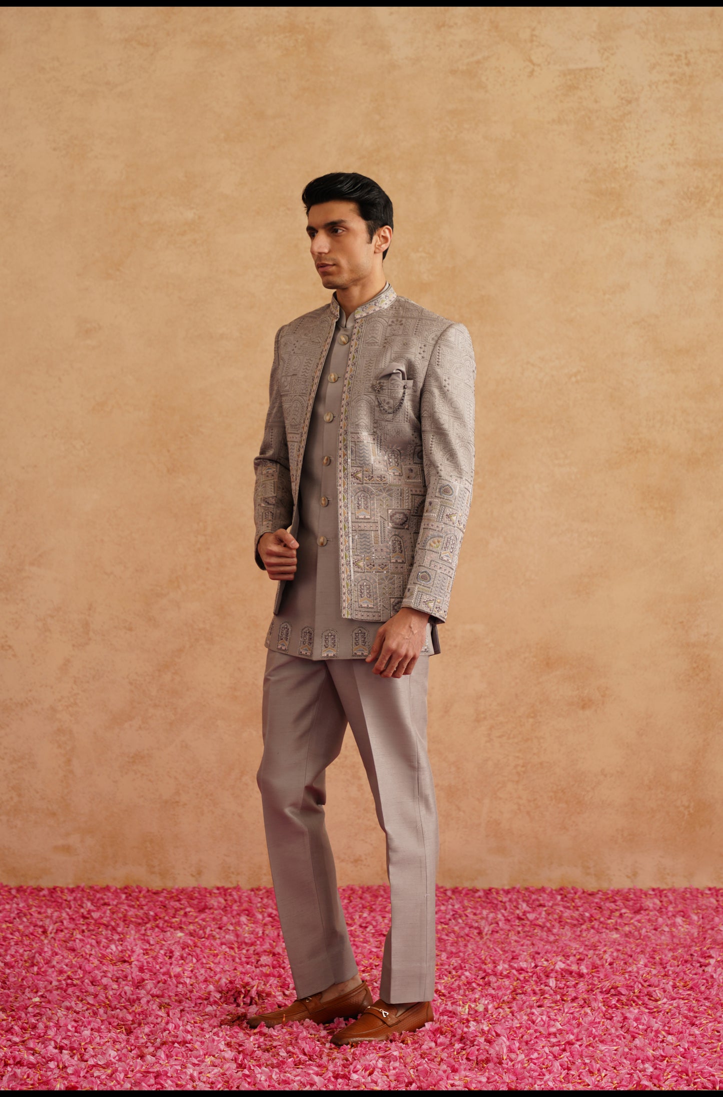 Grey Thread And Sequins Embroidered Short Indowestern On Silk