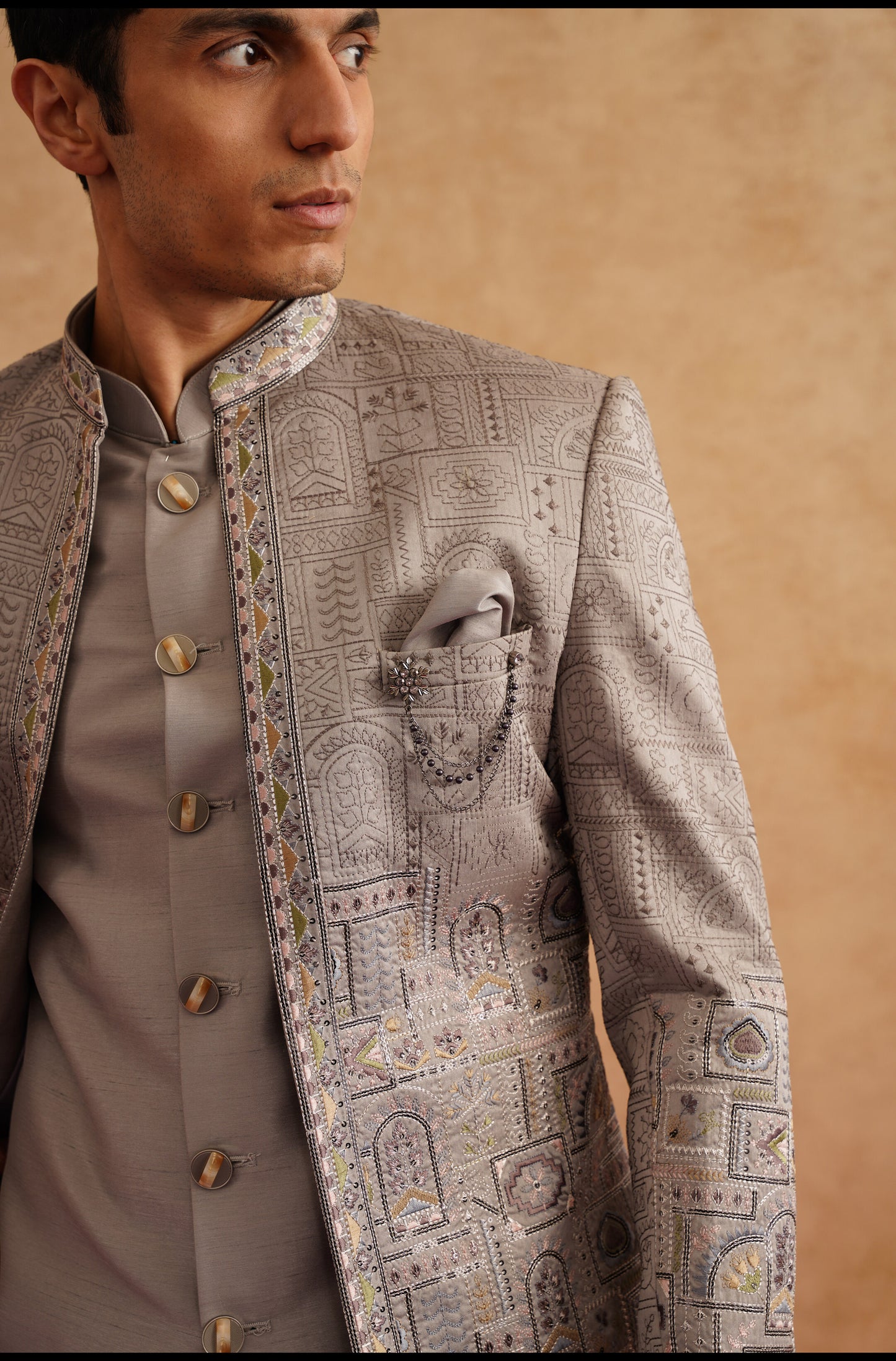 Grey Thread And Sequins Embroidered Short Indowestern On Silk