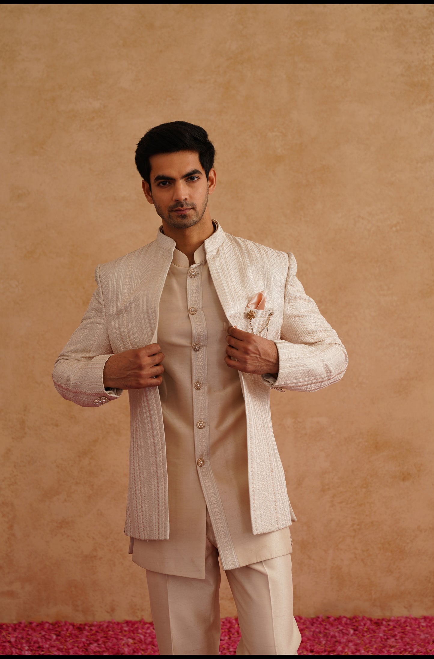 Light Pink Short Indowestern With Thread Embroidery On Silk