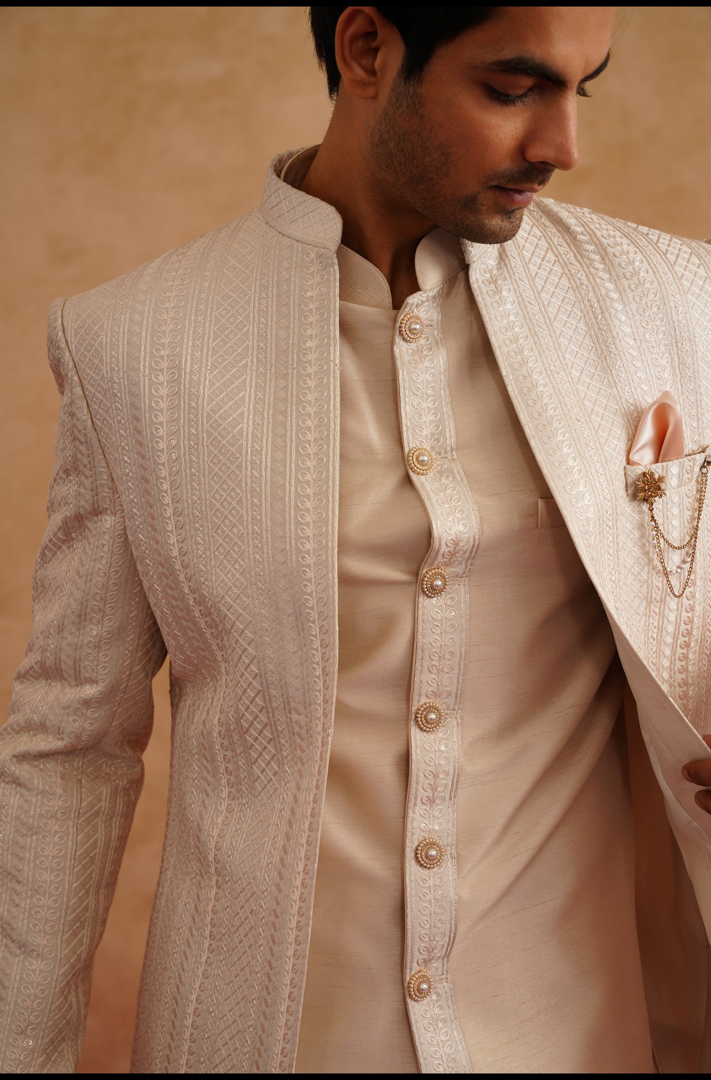 Light Pink Short Indowestern With Thread Embroidery On Silk
