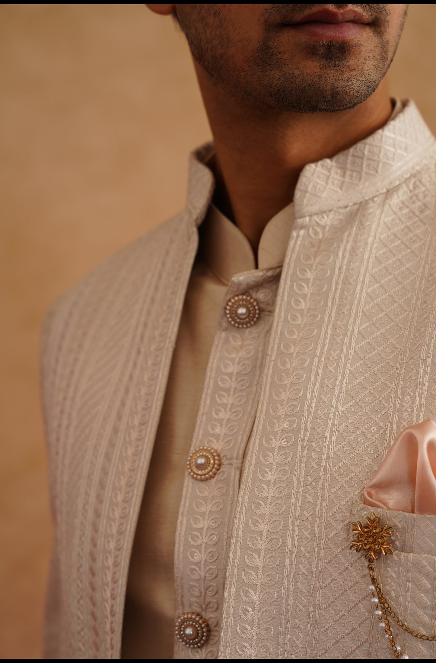 Light Pink Short Indowestern With Thread Embroidery On Silk