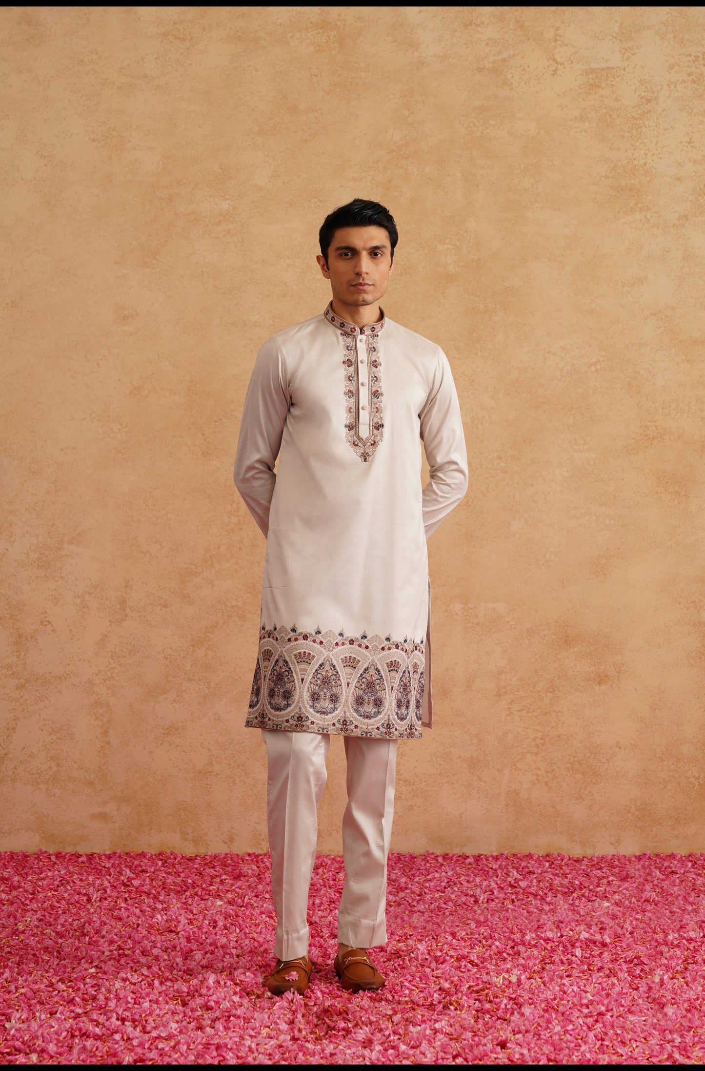 Rose Gold Indowestern With Multi Color Thread Embroidery On Silk