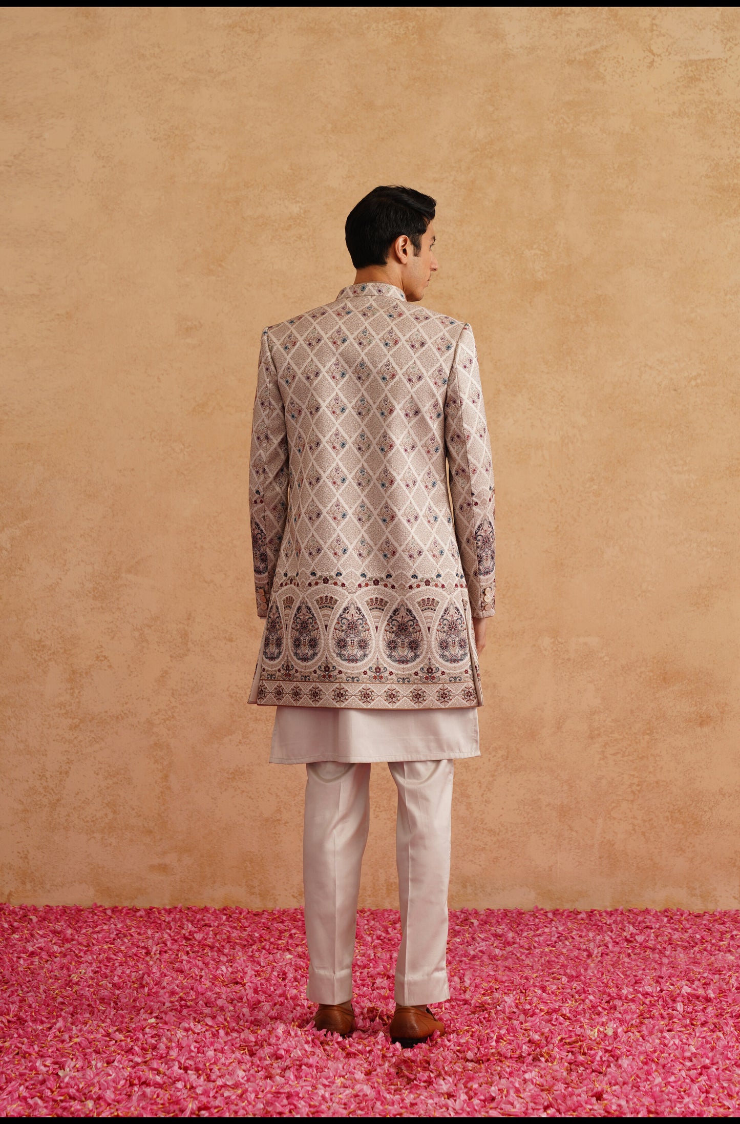 Rose Gold Indowestern With Multi Color Thread Embroidery On Silk