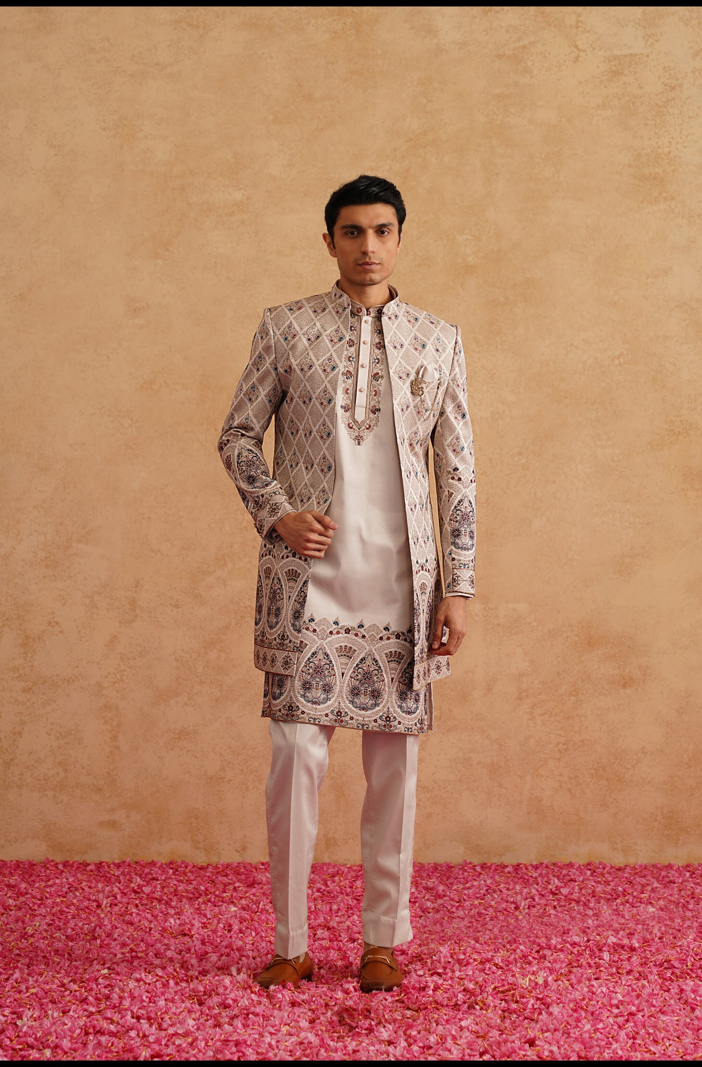 Rose Gold Indowestern With Multi Color Thread Embroidery On Silk