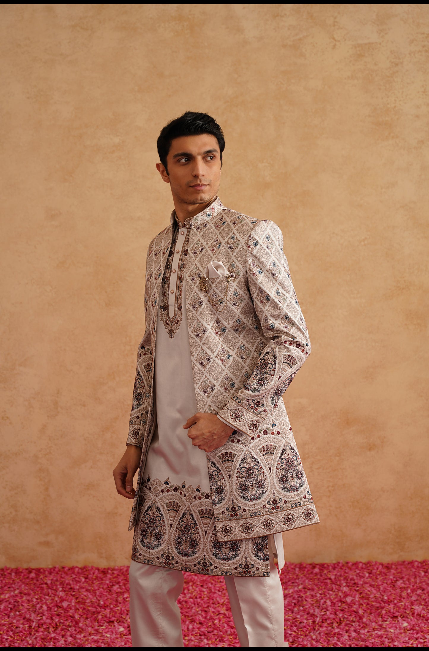 Rose Gold Indowestern With Multi Color Thread Embroidery On Silk