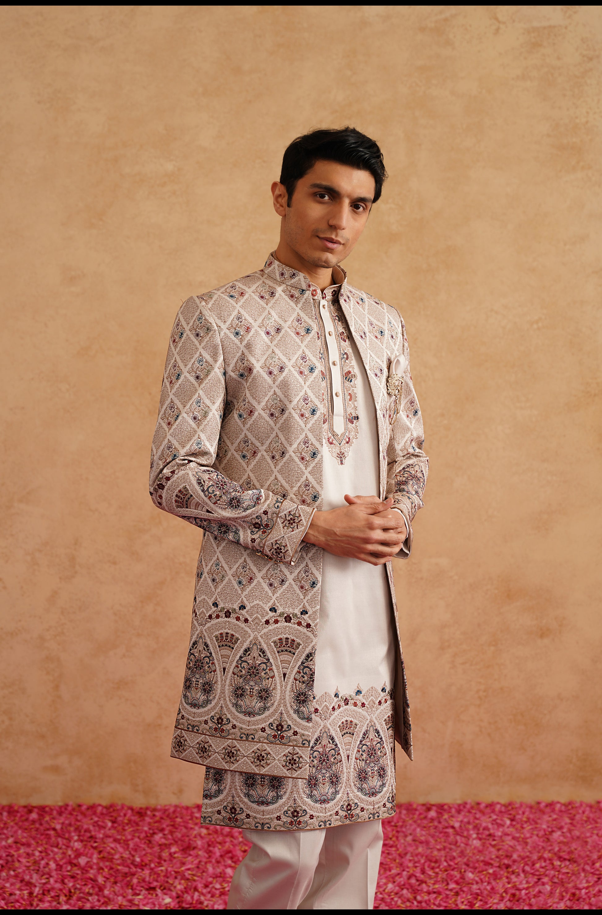 Shop Rose Gold Indo Western with Multi Color Thread Embroidery for Men Lagan Wedding Shop Rose Gold Indo Western with Multi Color Thread Embroidery for Men Lagan Wedding