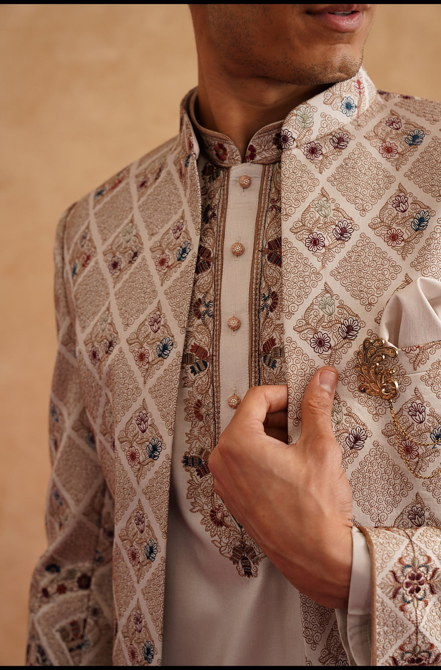 Rose Gold Indowestern With Multi Color Thread Embroidery On Silk
