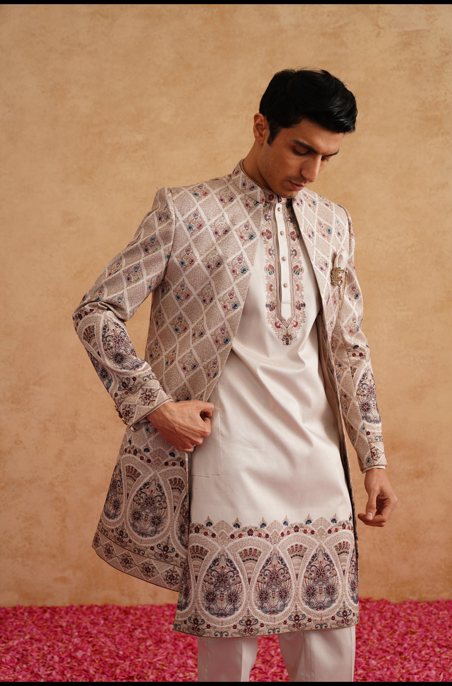 Rose Gold Indowestern With Multi Color Thread Embroidery On Silk