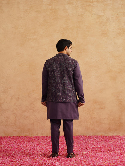 Purple Open Waistcoat Kurta Set With Thread And Sequins Embroidery