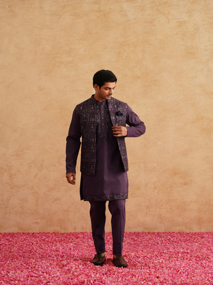 Purple Open Waistcoat Kurta Set With Thread And Sequins Embroidery