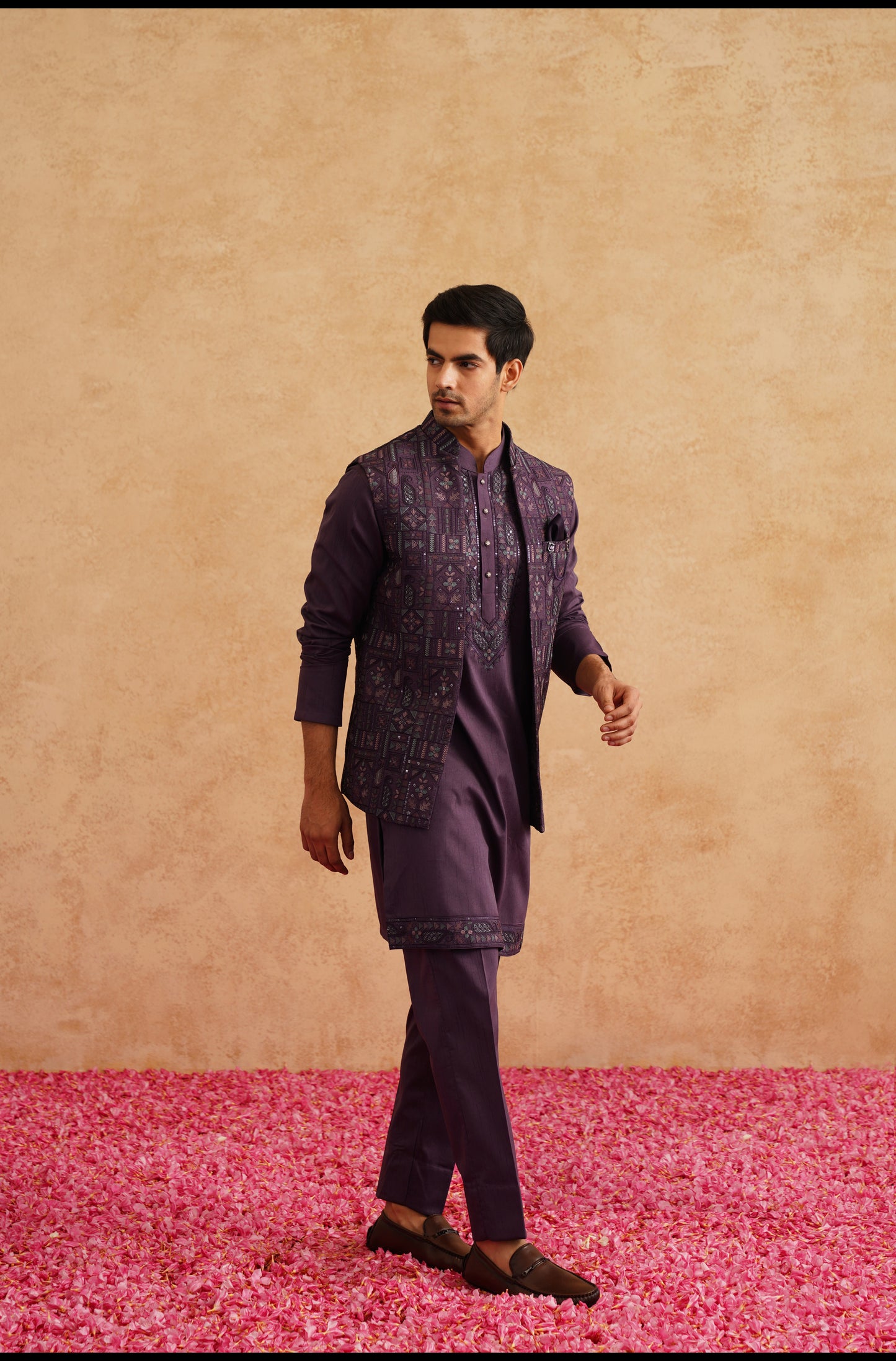 Purple Open Waistcoat Kurta Set With Thread And Sequins Embroidery