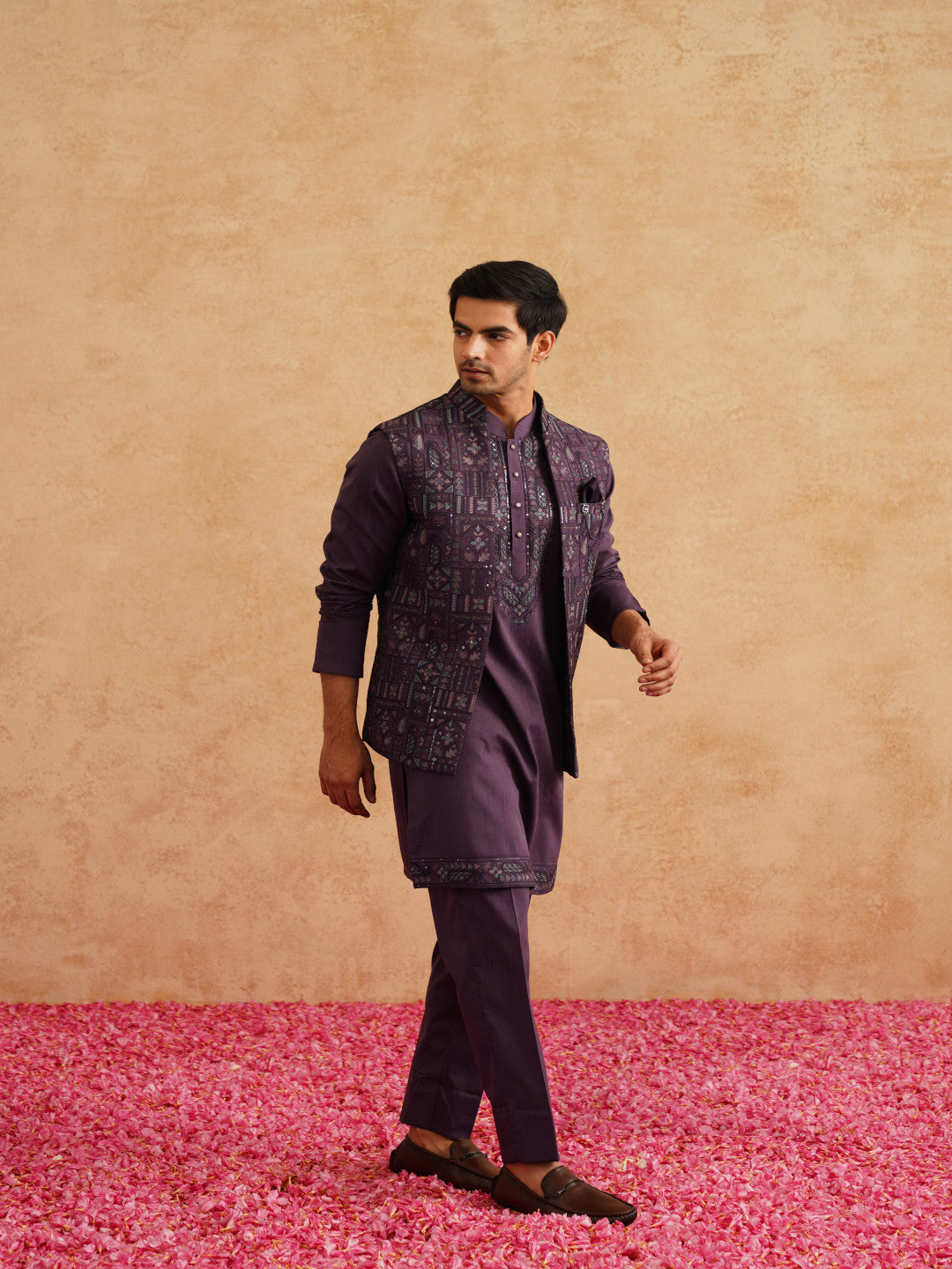 Purple Open Waistcoat Kurta Set With Thread And Sequins Embroidery