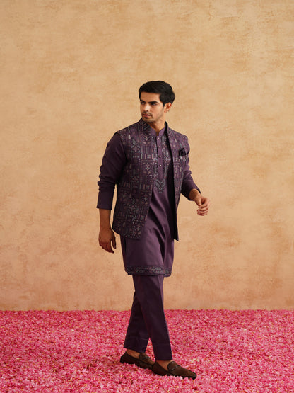 Purple Open Waistcoat Kurta Set With Thread And Sequins Embroidery