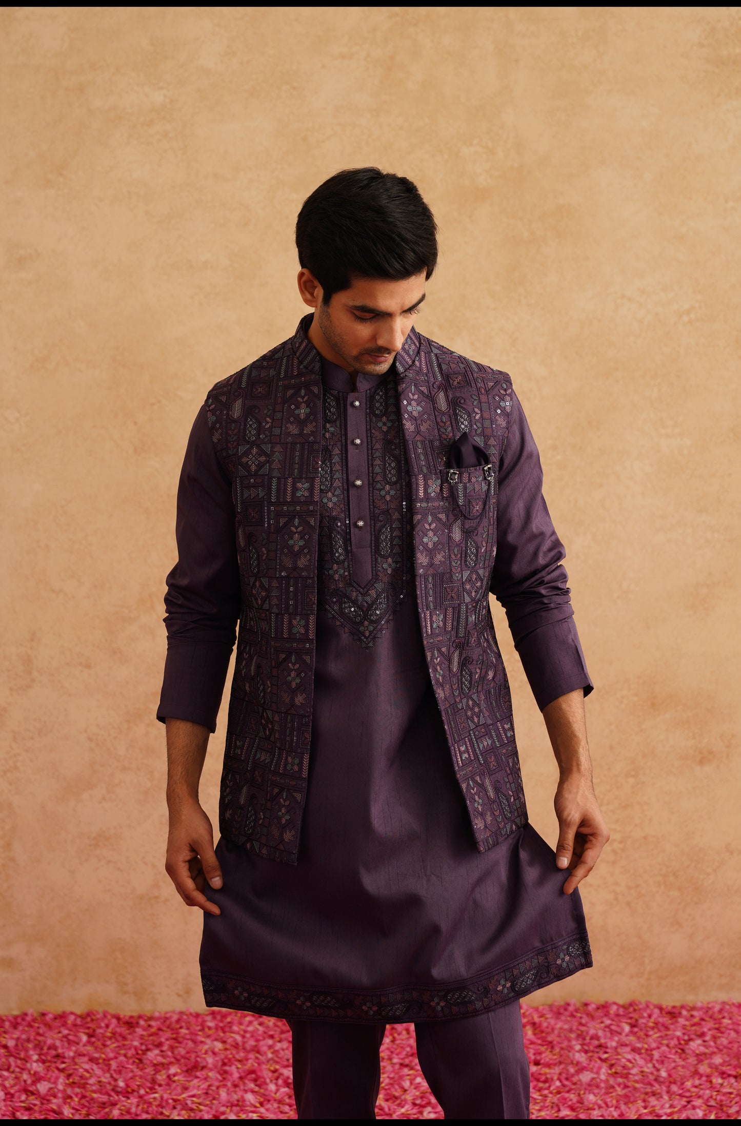 Purple Open Waistcoat Kurta Set With Thread And Sequins Embroidery