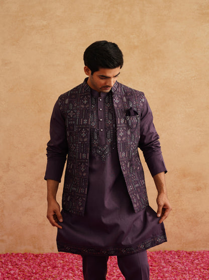 Purple Open Waistcoat Kurta Set With Thread And Sequins Embroidery