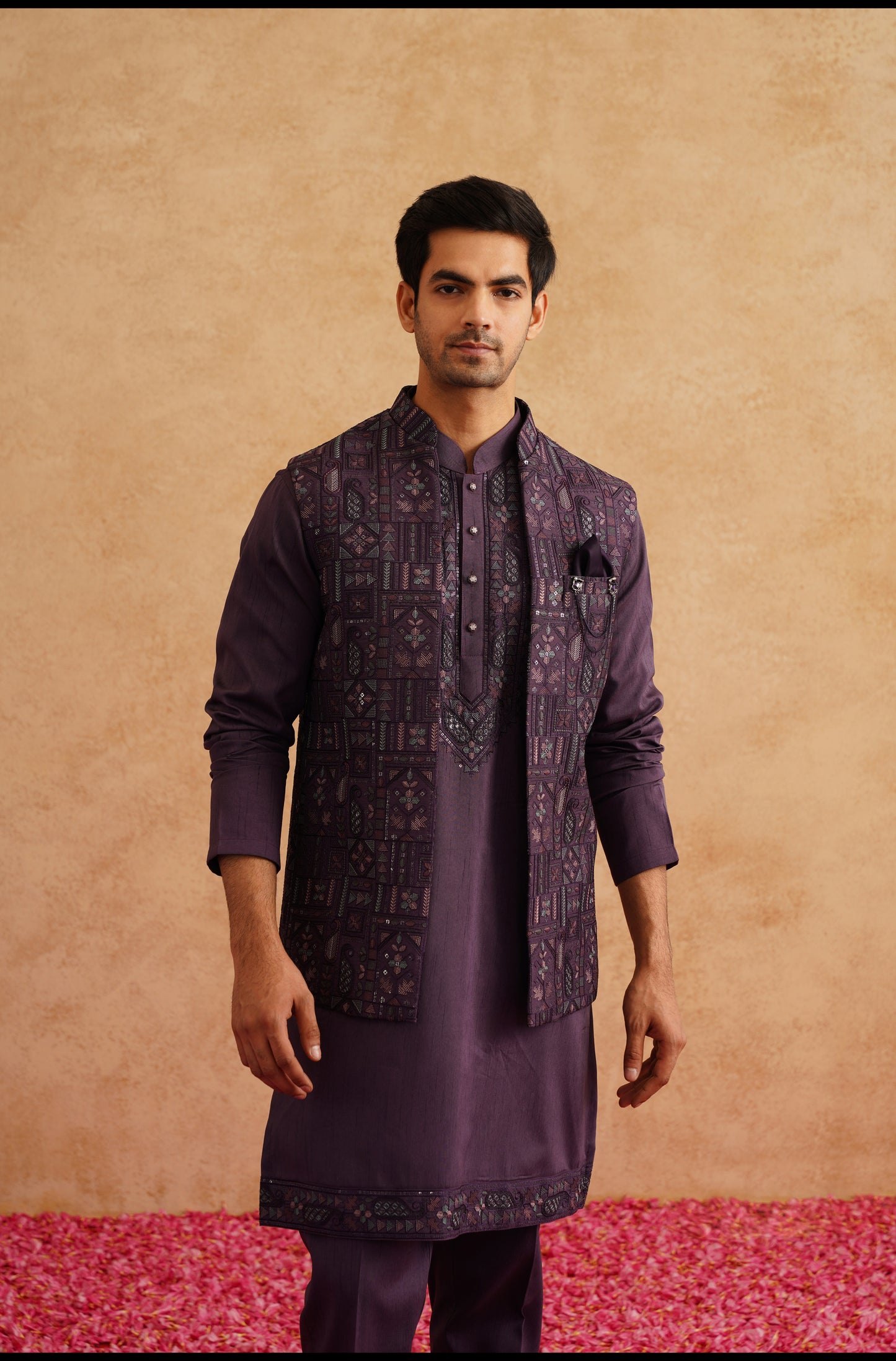 Purple Open Waistcoat Kurta Set With Thread And Sequins Embroidery