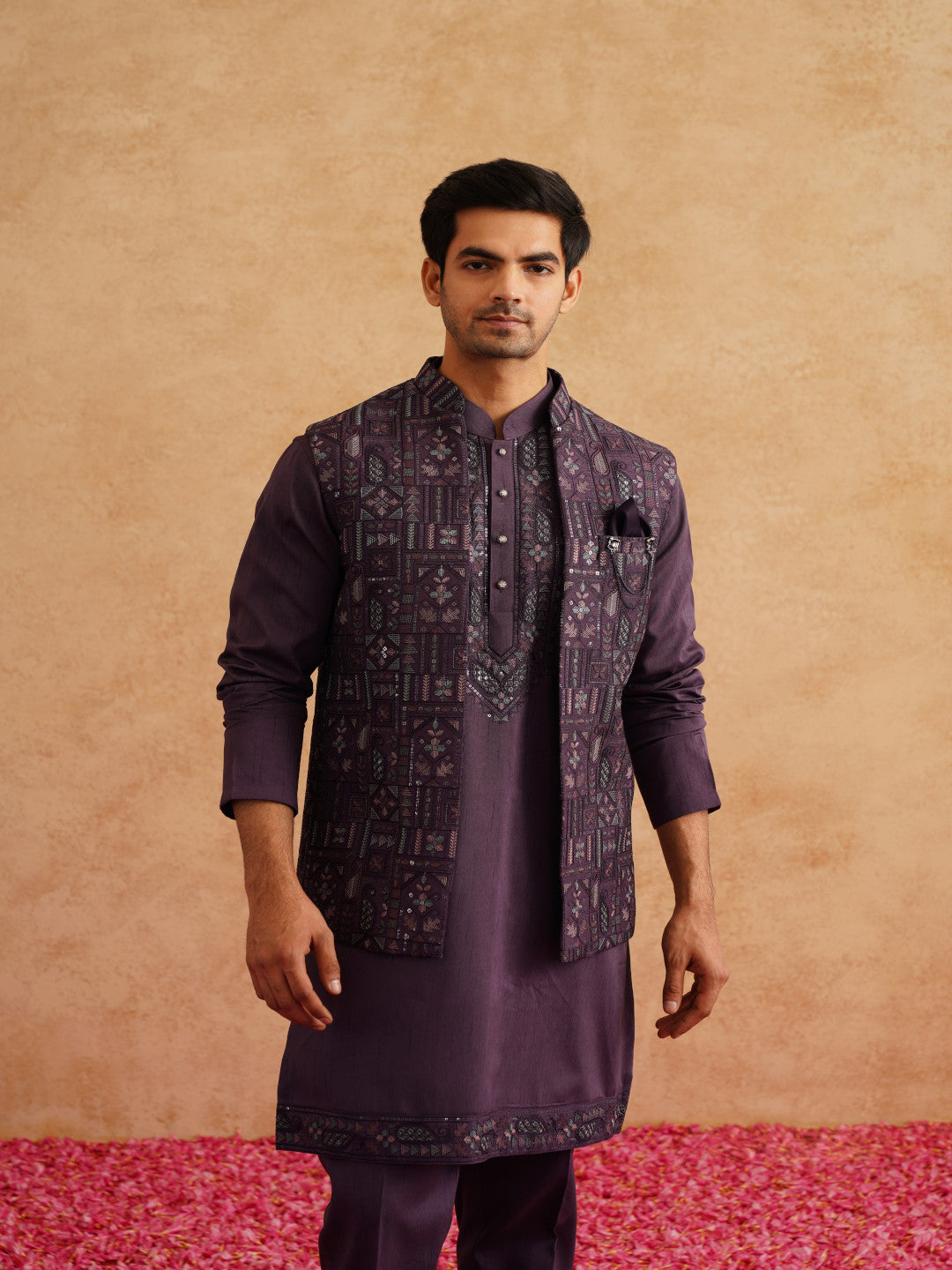 Purple Open Waistcoat Kurta Set With Thread And Sequins Embroidery