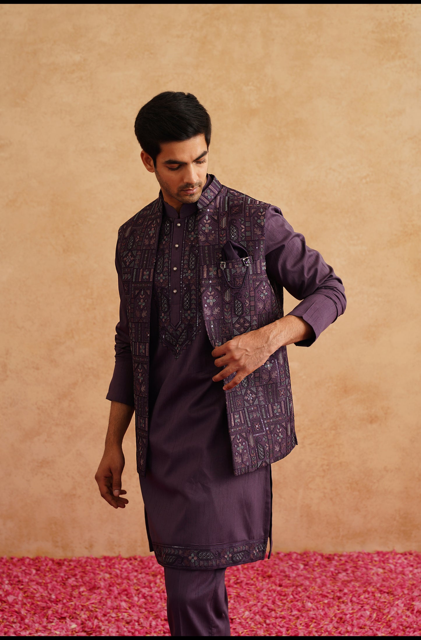 Purple Open Waistcoat Kurta Set With Thread And Sequins Embroidery