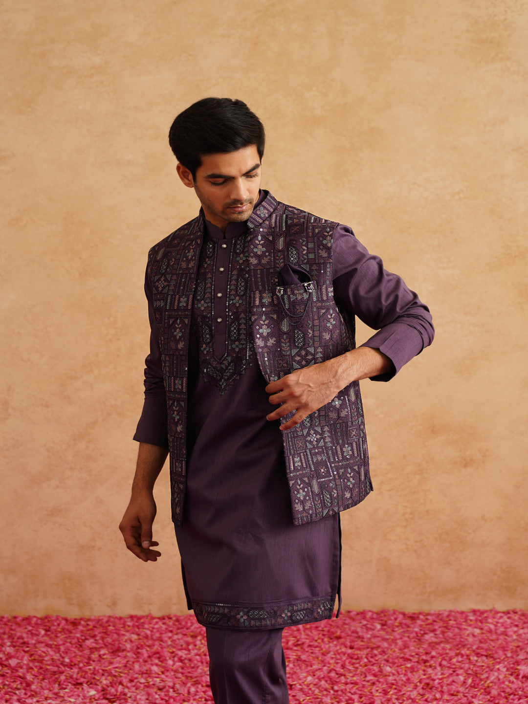 Purple Open Waistcoat Kurta Set With Thread And Sequins Embroidery