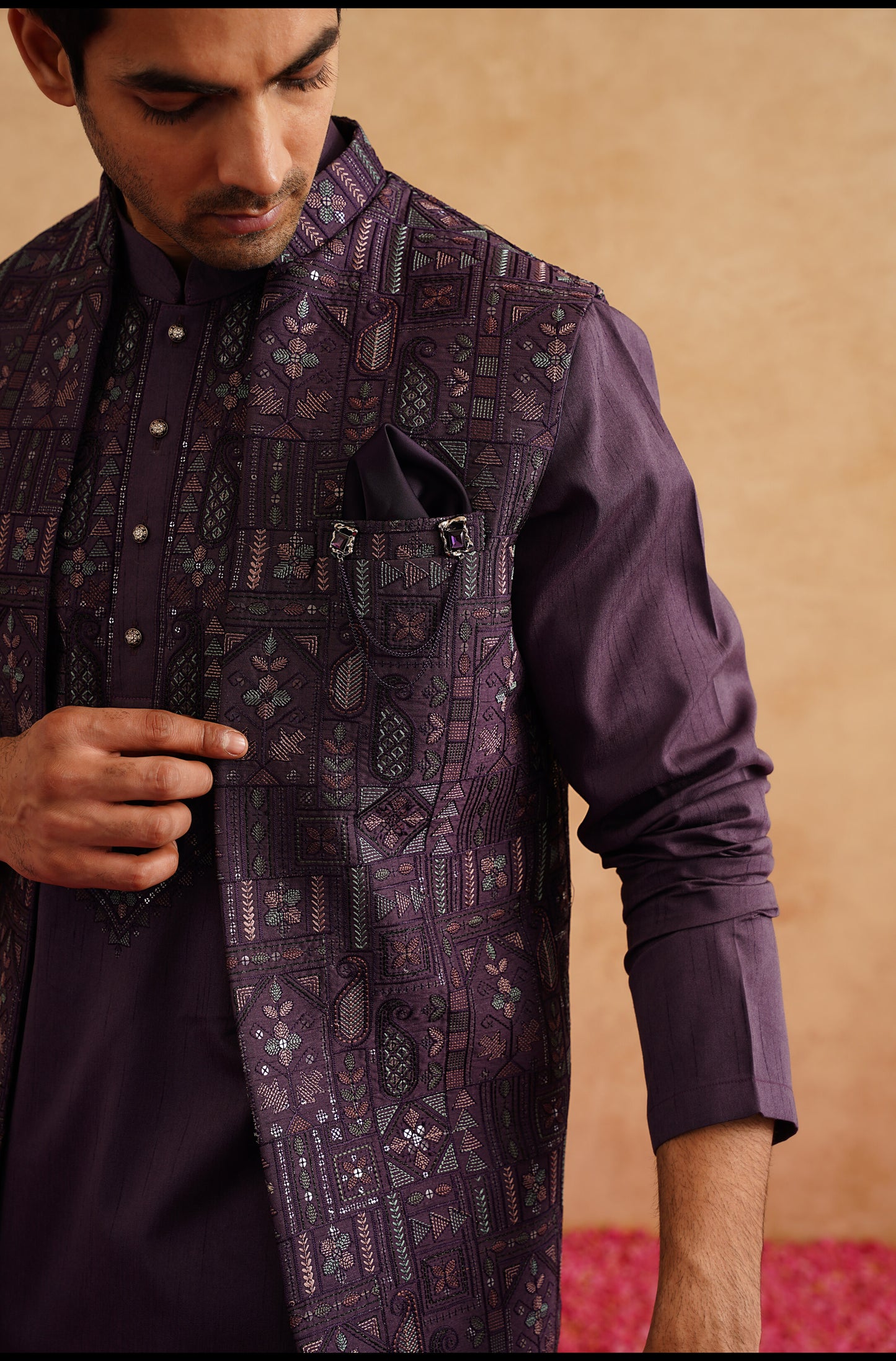 Purple Open Waistcoat Kurta Set With Thread And Sequins Embroidery