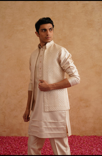 Cream Open Waistcoat Kurta Set With Thread Embroidery On Silk