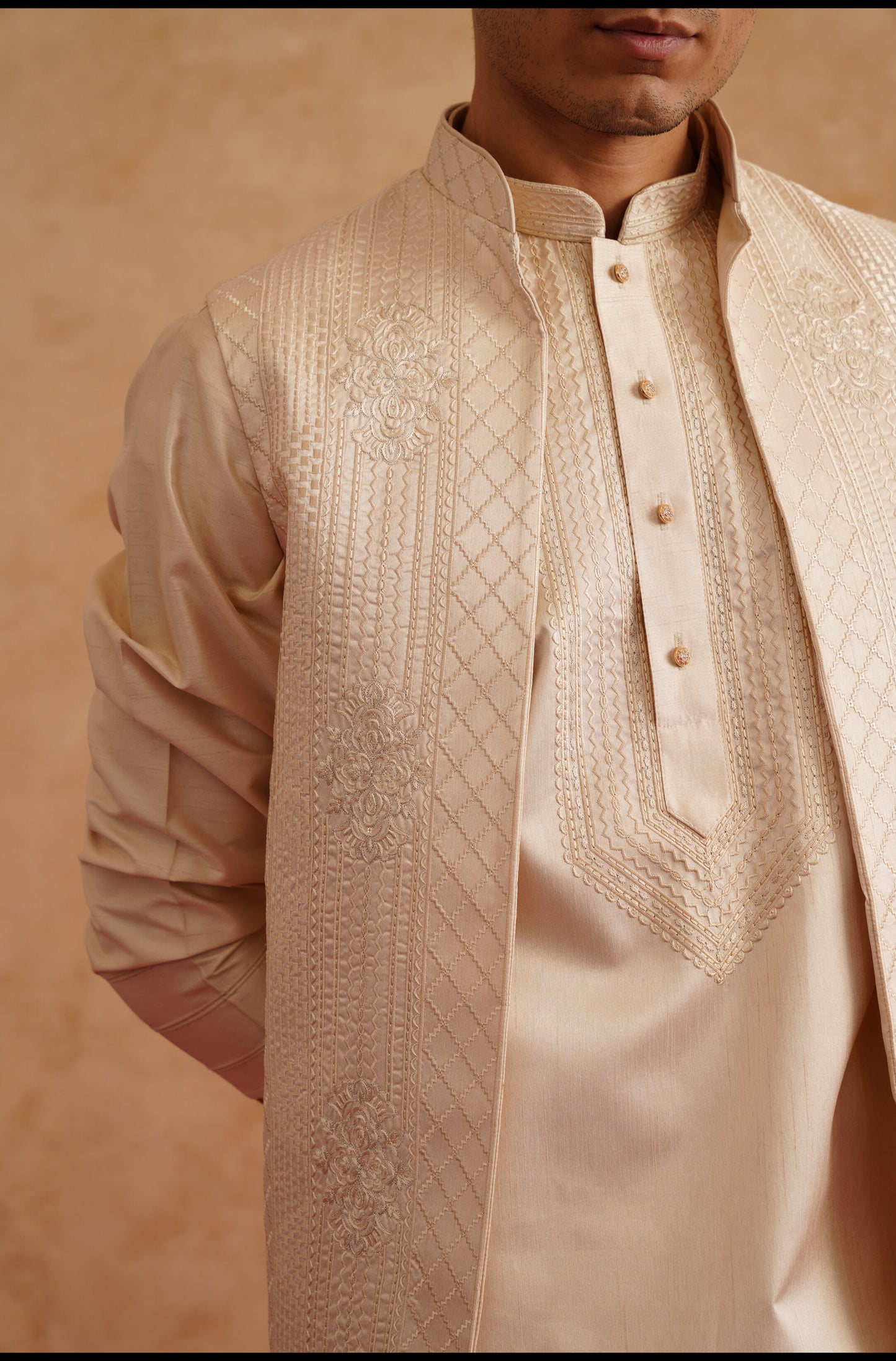Cream Open Waistcoat Kurta Set With Thread Embroidery On Silk