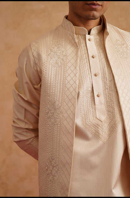 Cream Open Waistcoat Kurta Set With Thread Embroidery On Silk