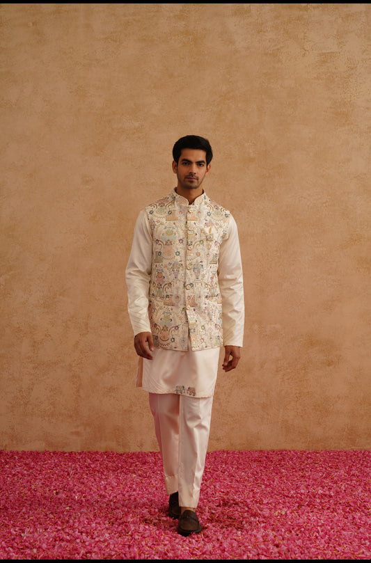 Multicolor Waistcoat Kurta Set With Thread And Sequins Embroidery