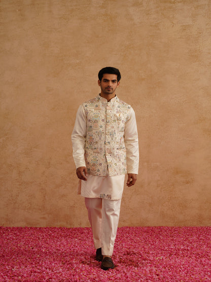 Multicolor Waistcoat Kurta Set With Thread And Sequins Embroidery