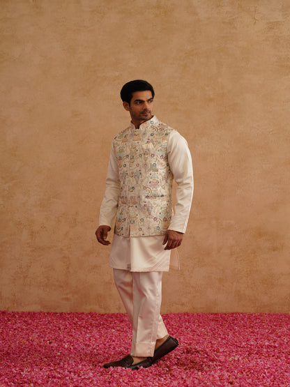 Multicolor Waistcoat Kurta Set With Thread And Sequins Embroidery