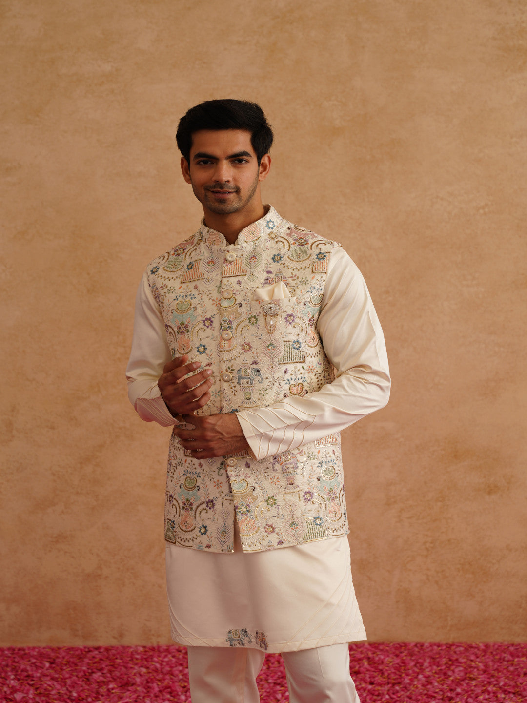 Multicolor Waistcoat Kurta Set With Thread And Sequins Embroidery