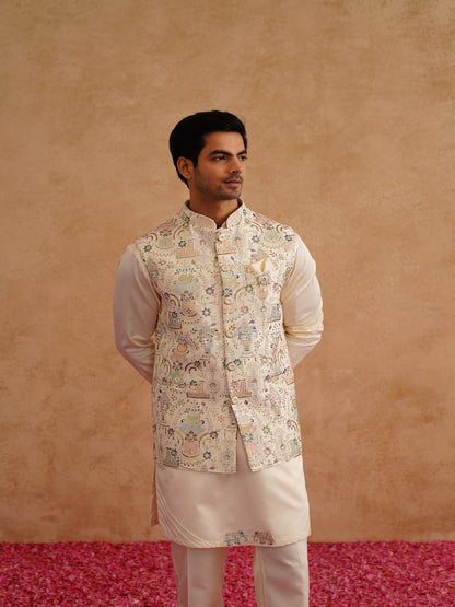 Multicolor Waistcoat Kurta Set With Thread And Sequins Embroidery