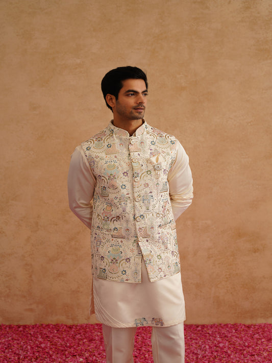 Multicolor Waistcoat Kurta Set With Thread And Sequins Embroidery
