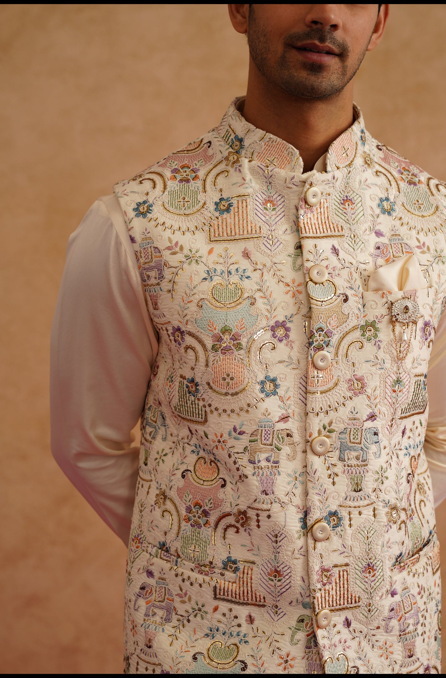 Multicolor Waistcoat Kurta Set With Thread And Sequins Embroidery